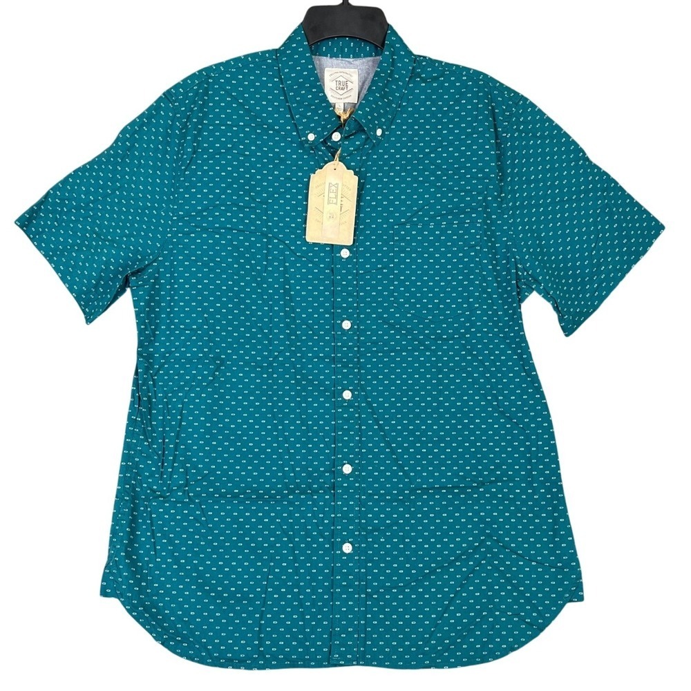 True Craft Button Down Shirt Mens L Teal Spark Print Flex School Business Casual